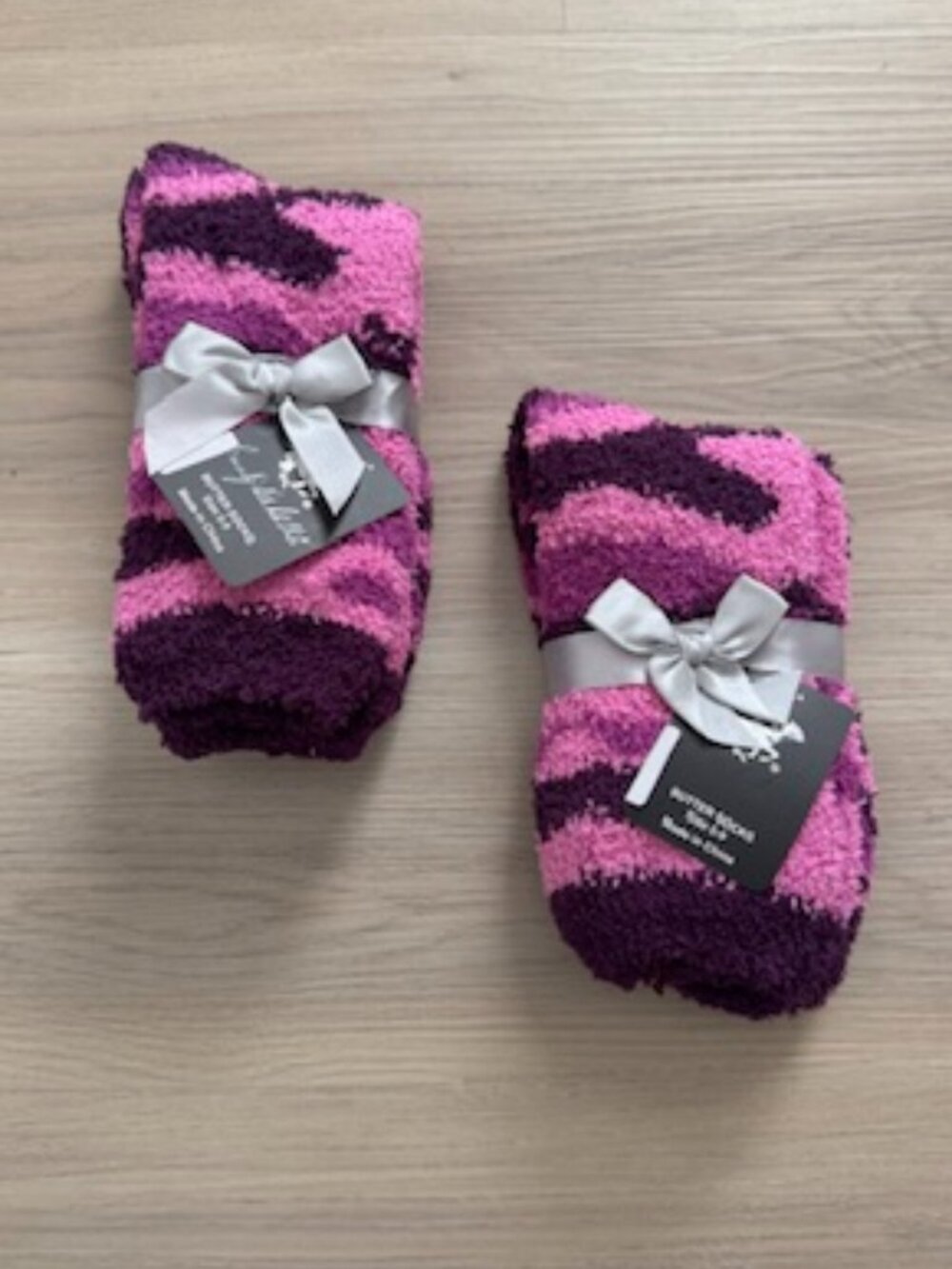 2- Pair Bundle Fuzzy Cozy Women’s Butter Socks Purple Camo Print